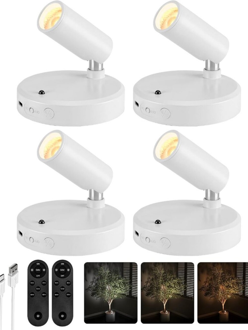 Rechargeable Indoor Spotlights with Remote - Dimmable Plant Uplights, 4-Pack